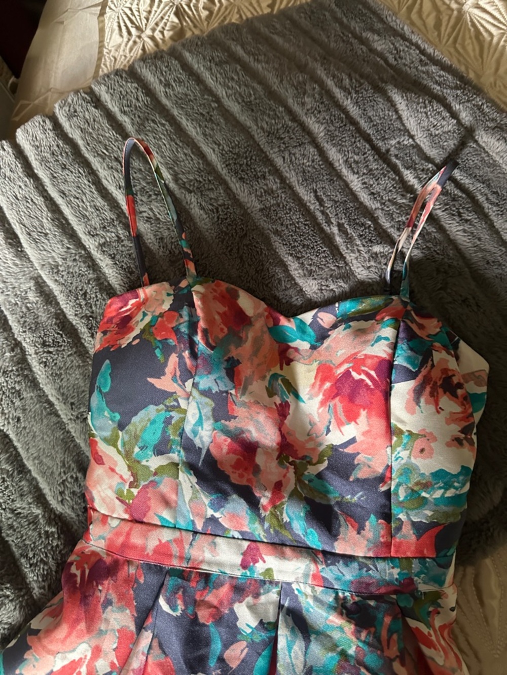 VENUS Navy Floral High-Low Spaghetti Strap Dress with Coral and Teal Accents - Picture 7 of 8
